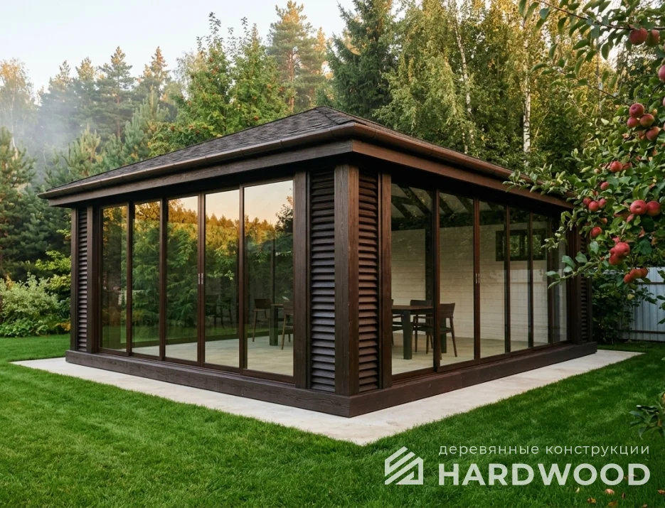 Большая деревянная беседка остеклённая №98 - фото 2277